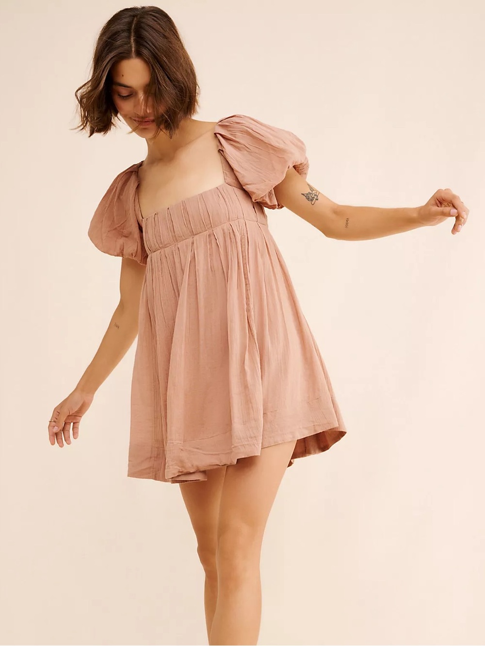 Free People Marina Cotton Mini Dress w/ Puff Sleeves & Open Back, Brown – Large